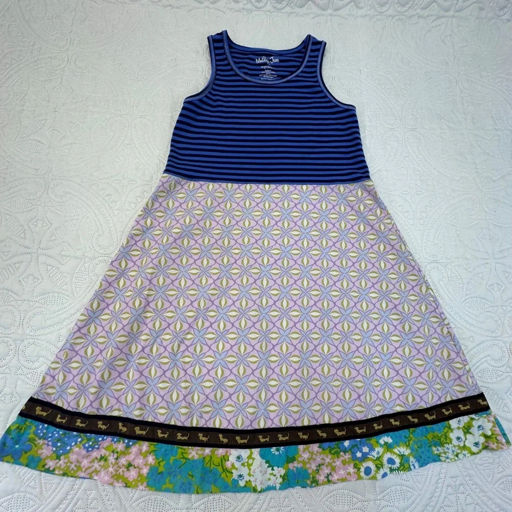 Matilda Jane Girls Size 12 Mixed Print Dachshund Ribbon Tank Dress Blue Purple